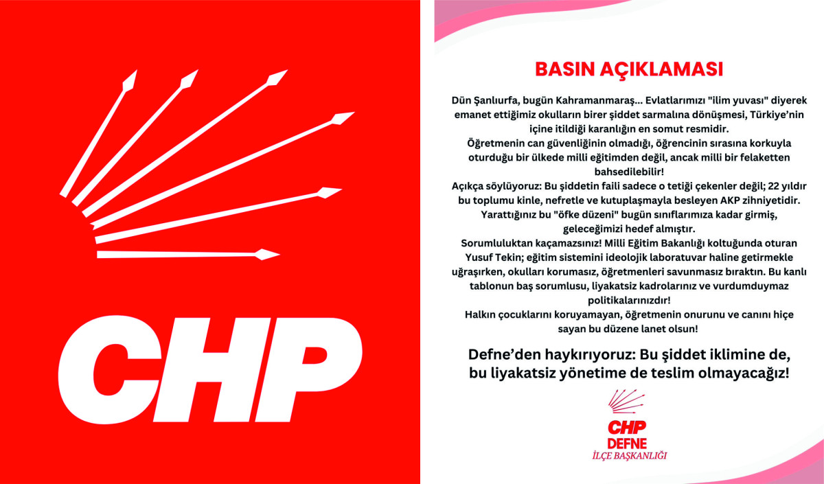 CHP DEFNE iLÇE ÖRGÜTÜ BASIN AÇIKLAMASI YAPTI Okullardaki Şiddeti Kınıyoruz.