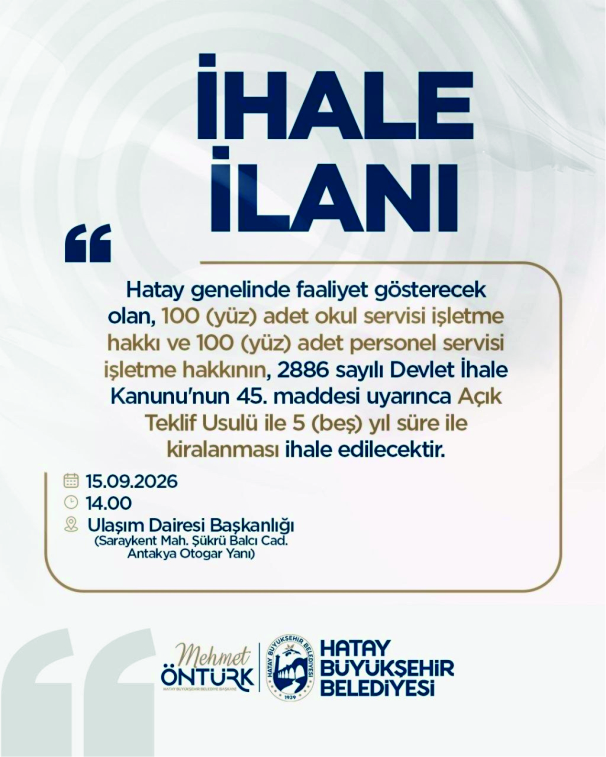 HBB İHALE AÇIYOR : 100 ADET PERSONEL, 100 ADET OKUL SERVİS ARACI  KİRALANACAK